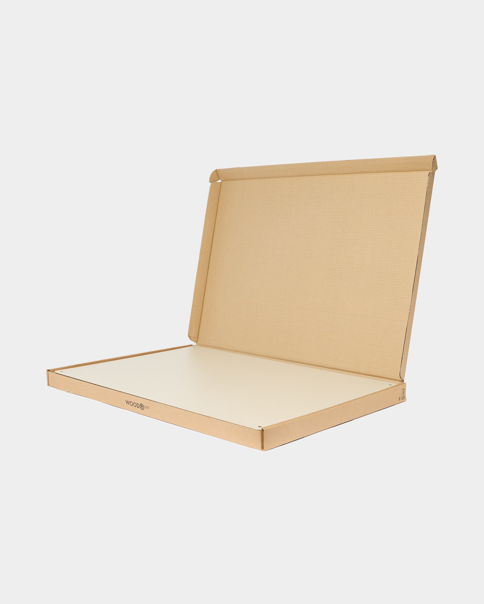 A flat cardboard box with a hinged lid sits open on a plain white background, suitable for packaging WoodUpp acoustic wood panels or accessories.